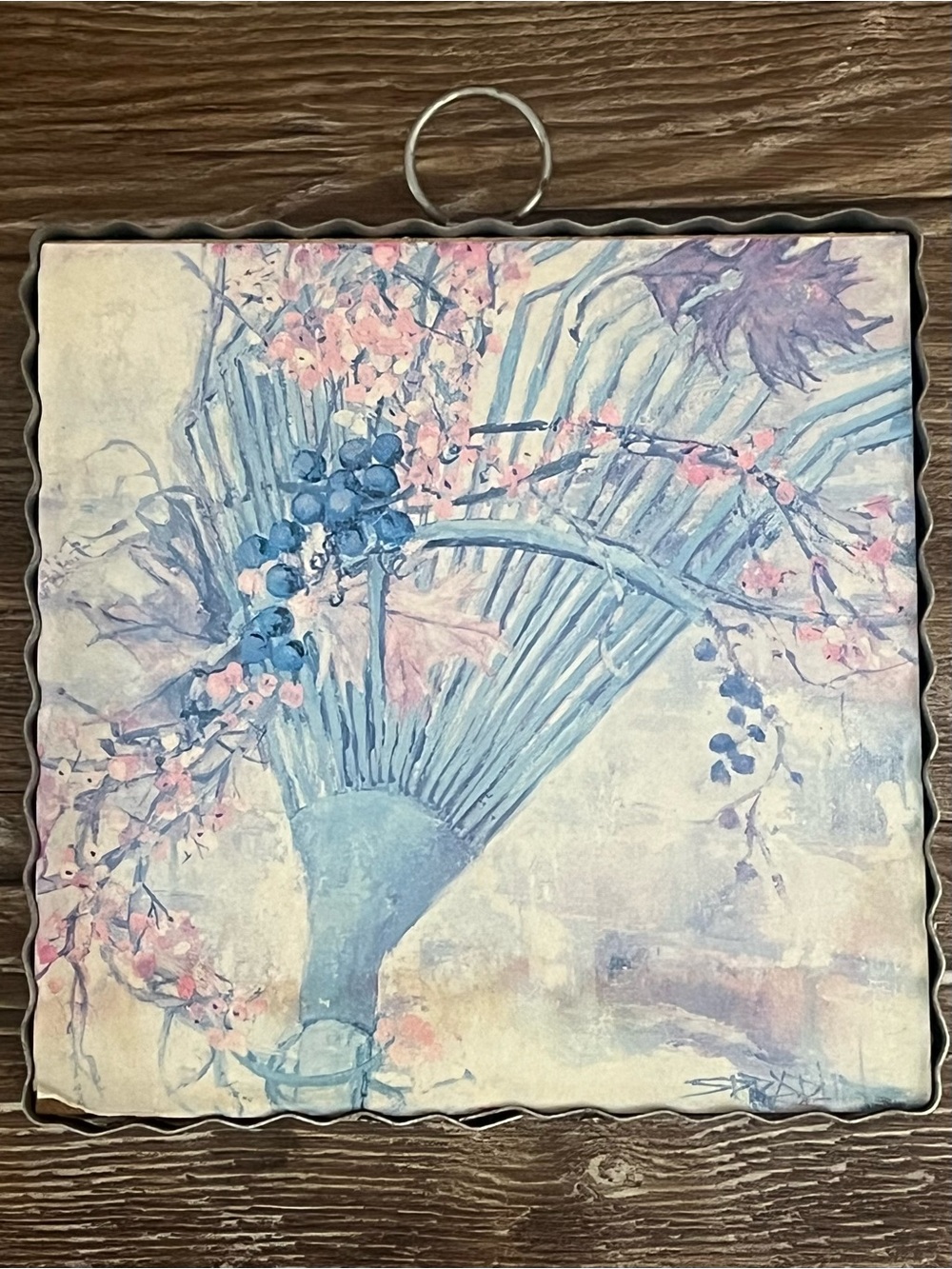 Blue and Pink Floral Fan Wall Hanging by